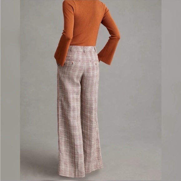 Maeve Pleated Plaid Brown High Rise Linen Wide Leg Trousers Pants - Picture 2 of 9